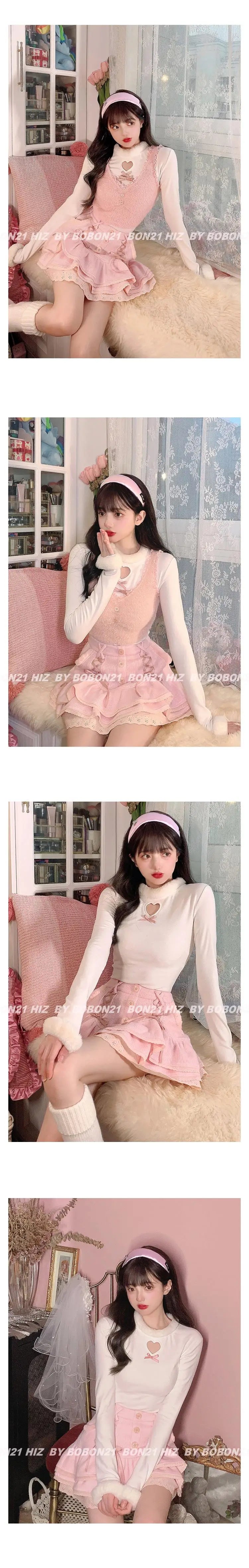 Japanese lolita kawaii clothes pink mini skirt with shorts Lace High Waist korean style women 2025 new fall White skirt fluffy.