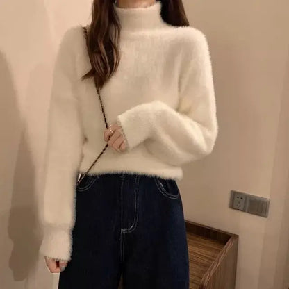 2025 frauen Gestrickte Tops Winter Imitieren Nerz Wolle Heißer Fleece Weibliche Rollkragen Elastische Beiläufige Pullover Weiche Warme Pullover