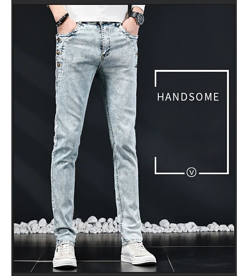 Slim Skinny Jeans Men New Elastic Korean Design Fashion Multi-Button Blue White Vintage Wash Cotton Stretch Denim Pants Trousers.