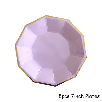 Gold Disposable Tableware Sets Purple Party Paper Cup Plates baby Shower  Birthday Party Supplies Carnival Wedding decor Favors