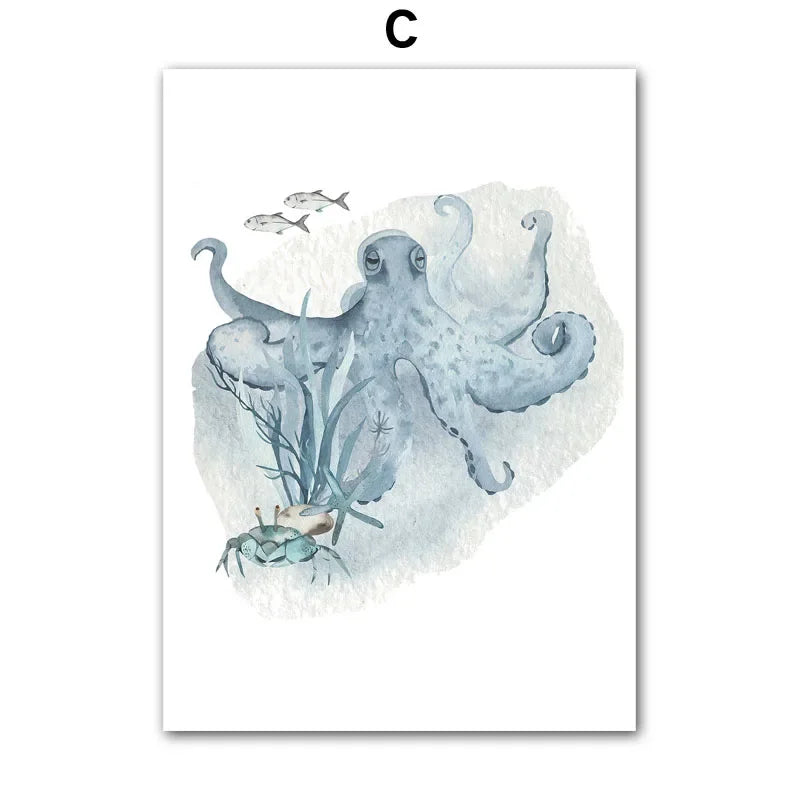 Posters And Prints Whale Fish Shark Octopus Turtle Sea Animals Nursery Wall Art Canvas Painting Pictures Baby Kids Room Decor.