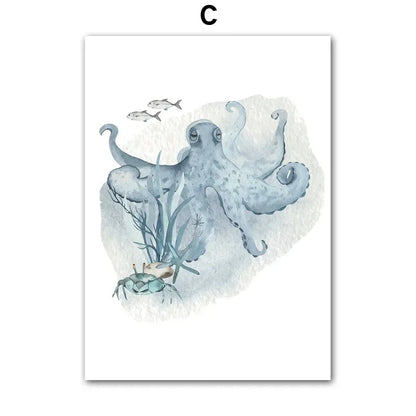Posters And Prints Whale Fish Shark Octopus Turtle Sea Animals Nursery Wall Art Canvas Painting Pictures Baby Kids Room Decor.