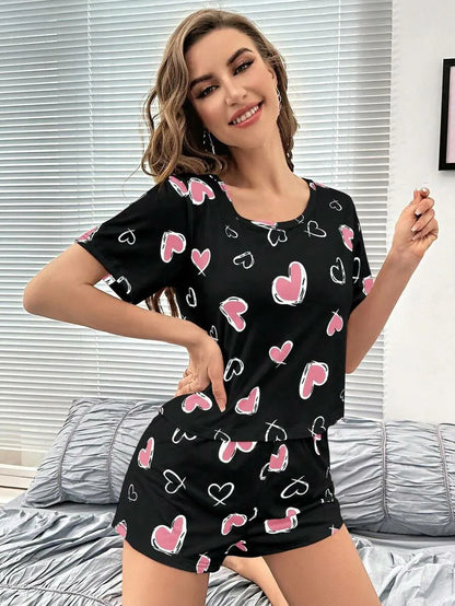 Damen New Style Pyjamas Kurzarm Top Herz Muster Shorts lässig elegante zweiteilige Home Wear