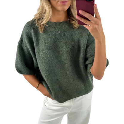 Damen Frühling Herbst Strickpullover Halbarm O Hals Einfarbig Lässige Strickwaren