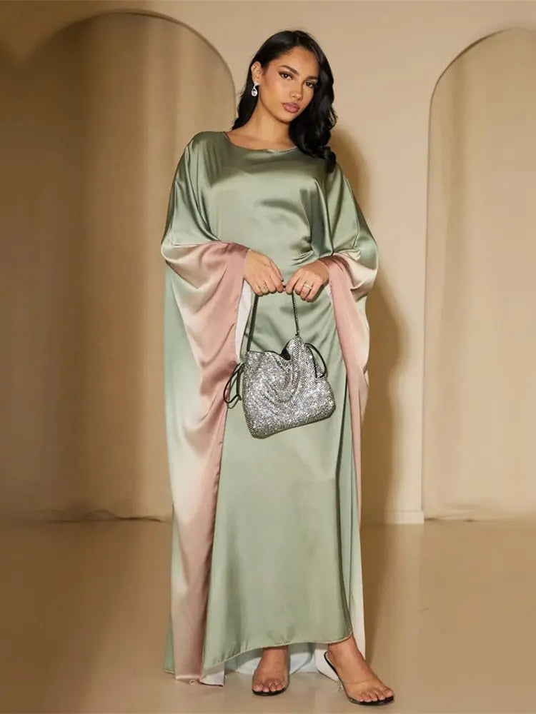 Gradient Batwing Butterfly Sleeve Satin Abaya Dubai Luxury Muslim Kaftan Dress For Women Kebaya Caftan Marocain Femme Vestidos.