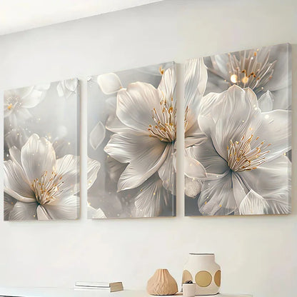 3pcs of fashionable white flower canvas wall art, blooming beautiful flower painting printmaking pictures, abstract flower wall.