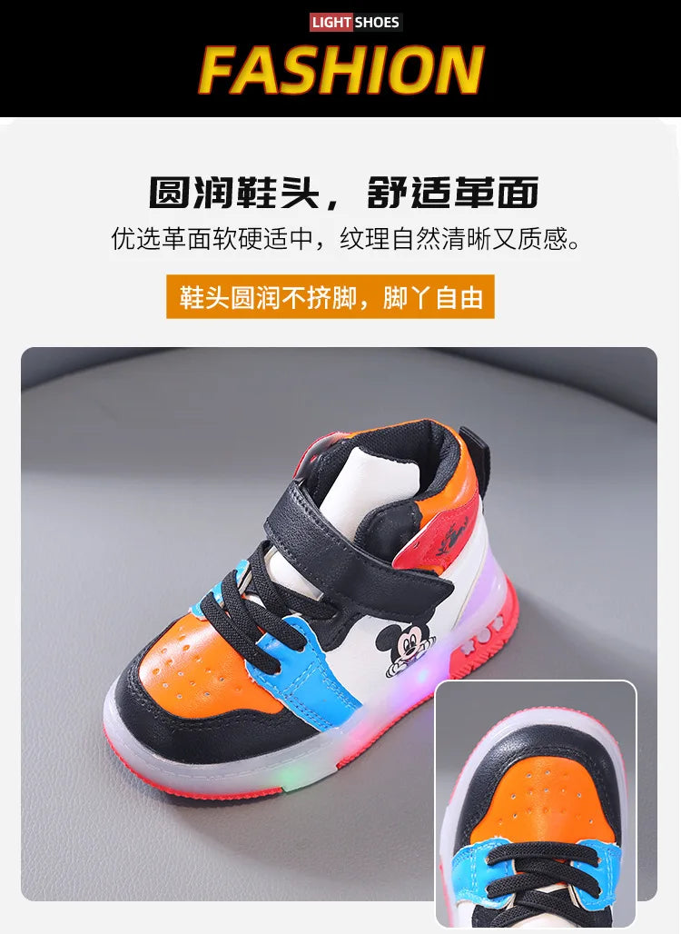Disney Children's Sneaker Cute Minnie Mickey Cartoon Led Lighted Shoes for Kids Boys Girls Luminous Shoes Toddler Flash Lights.