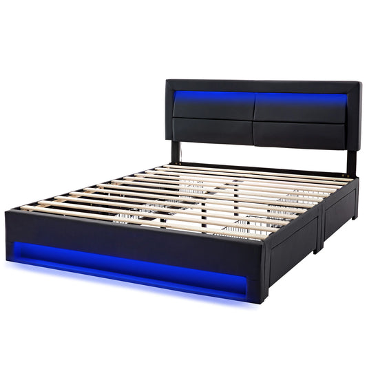 Polsterbett 140 x 200 cm, mit USB-Anschluss, LED-Beleuchtung und vier Schubladen, ohne Matratze, PU-Litschi-Muster , Schwarz