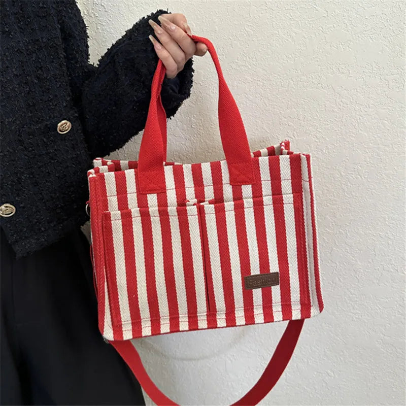 Cool Street Handbag, Large Capacity Women's Shoulder Bag, Trendy Striped Canvas Crossbody Bag, Fashion Travel Shopping Tote Bag.