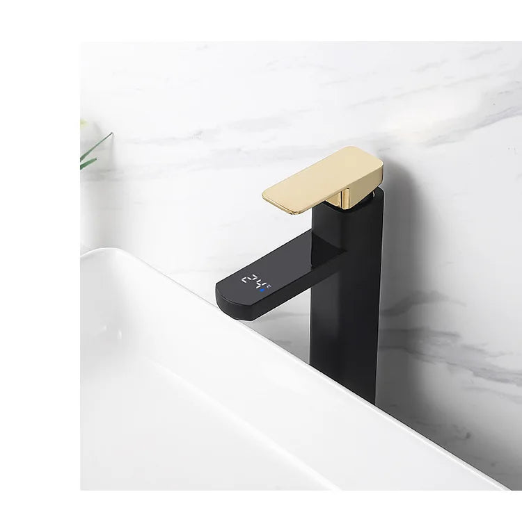 Digital Basin Faucets Smart Bathroom Faucet Shower Room Taps Water Temperature LED Black White Sink Tap Rotating Stainless Steel