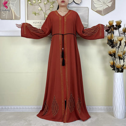 New Dubai Women Elegant Dress Diamonds Chiffon Open Abaya with Zipper Islamic Turkey Clothing Women Muslim Party Evening Dress.