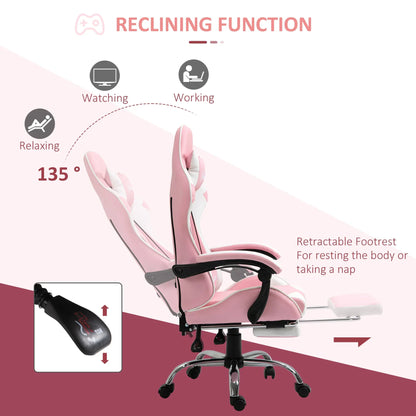 Gaming-Stuhl, Computerstuhl, ergonomischer Bürostuhl mit Kopfstütze, Lendenpolster, höhenverstellbar, 360° °   Rotation rosa + weiß