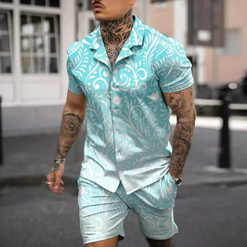 Fashion Men Sets Print Lapel 3D Print Short Sleeve Casual Hawaiian Shirt Beach Shorts 2 Pcs Set Vacation Hawaiian Man Suits.