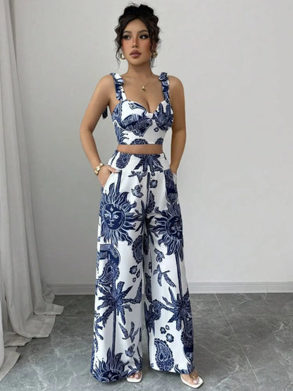 Two Piece Sets Women Pant Print Sling Tops High Waist Wide Leg Pants Drawstring Matching Sets Casual Backless Tops Summer 2025.