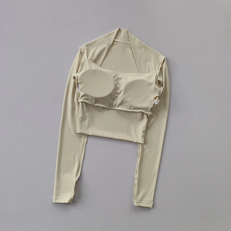 Fitness Chest Cushion Sports Top Women Long Sleeve Shirts Pra Speed Up Short Elegant Dance Yoga Clothes Small Waistband Gym.