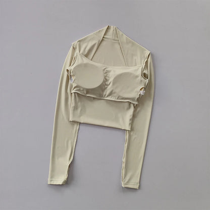 Fitness Chest Cushion Sports Top Women Long Sleeve Shirts Pra Speed Up Short Elegant Dance Yoga Clothes Small Waistband Gym.