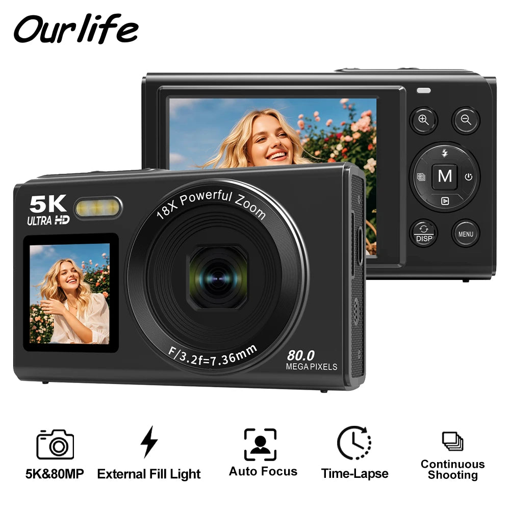 Ourlife Digital Camera CCD Dual Screen Portable Digital Camera 18X Zoom 5K Vintage Vlog Video Recorder 80MP CCD Selfie Camera.