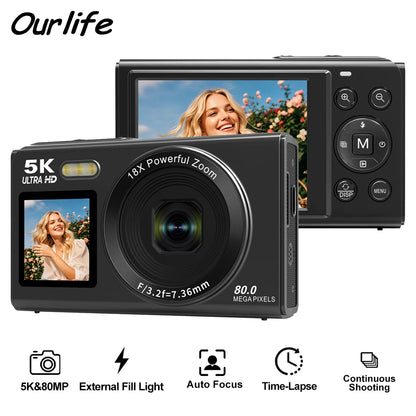 Ourlife Digital Camera CCD Dual Screen Portable Digital Camera 18X Zoom 5K Vintage Vlog Video Recorder 80MP CCD Selfie Camera.