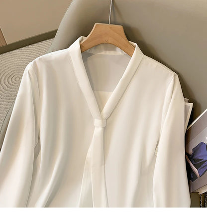 Loose Long Sleeve V-Neck Work Shirt for Women Plus Size Women's Blouses Fashion Versatile Autumn Bow Tops Trendy Business Shirts.