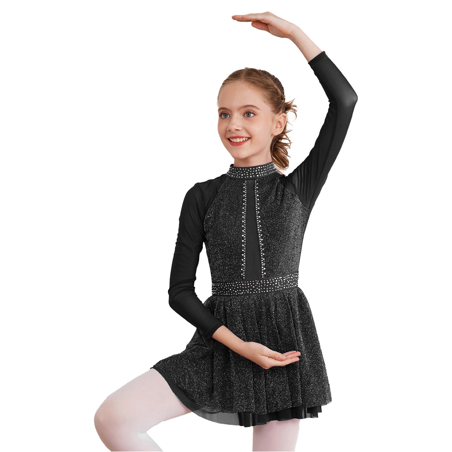 Kinder Mädchen Eiskunstlauf Kostüm Ballett lyrische Tanz gymnastik Trikot Kleid Langarm glänzend Mesh Performance Dance wear.