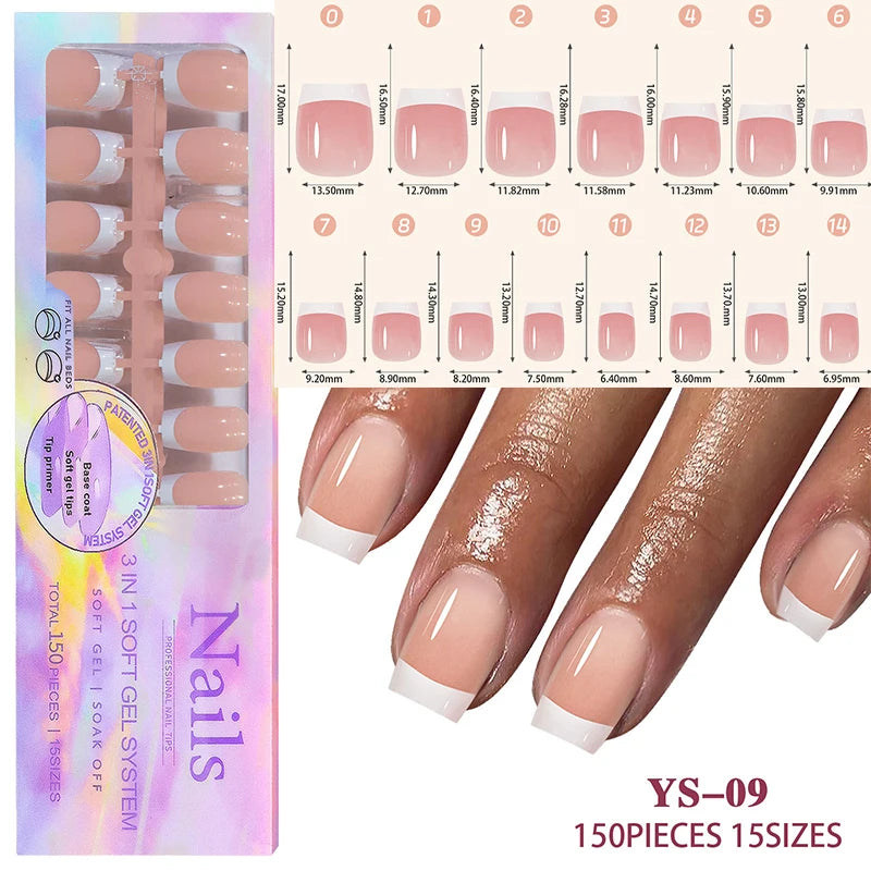 150Pcs/Box Acrylic Press on Nails Full Cover Fake False Tips Soft Gel Extension T-shaped Oval Capsule Almond Sculpted Salon DIY