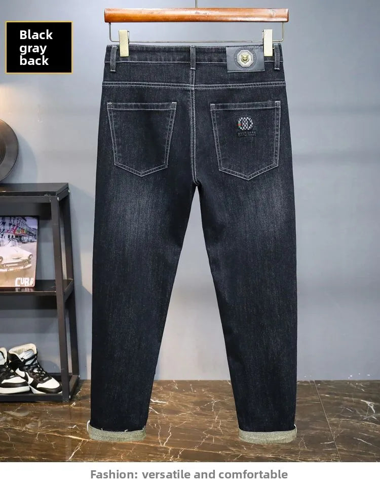 Zerrissene, reguläre, schmale Passform, gerade Jeans, bequem, lässig, Herbstmode, Denim-Hose, klassische, dünne Vintage-Unisex-Herren-Stretchhose.