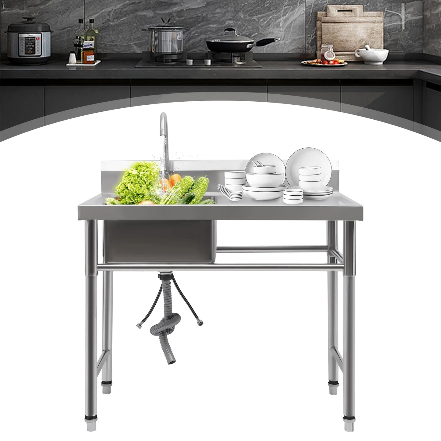 Küchenspüle mit 201 Stauraum, Edelstahlspüle mit Waschbecken, 100 x 60 x 93 cm, freistehendes kommerzielles Küchenspüle aus Edelstahl