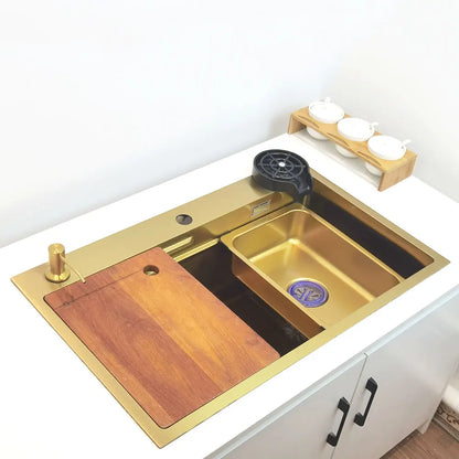 Gold Wasserfall Wasserhahn Küchenspüle Nano Waschbecken 304 Edelstahl Golden Topmount Single Bowl Waschbecken 4-Funktions-Küchenarmatur