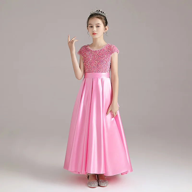 Mädchen-Klavierkleid, graues Pailletten-langes Performance-Kleid, Prinzessinnenkleid, Kinder-Host-Show-Performance-Kleid, Sommer