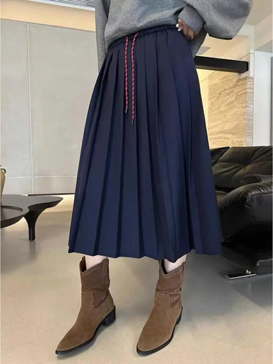 Autumn Women's Solid Color High Waist Pleated A Line Long Skirt Korean Fashion College Style Drawstring Lace-up Skirt 2024 Trend.