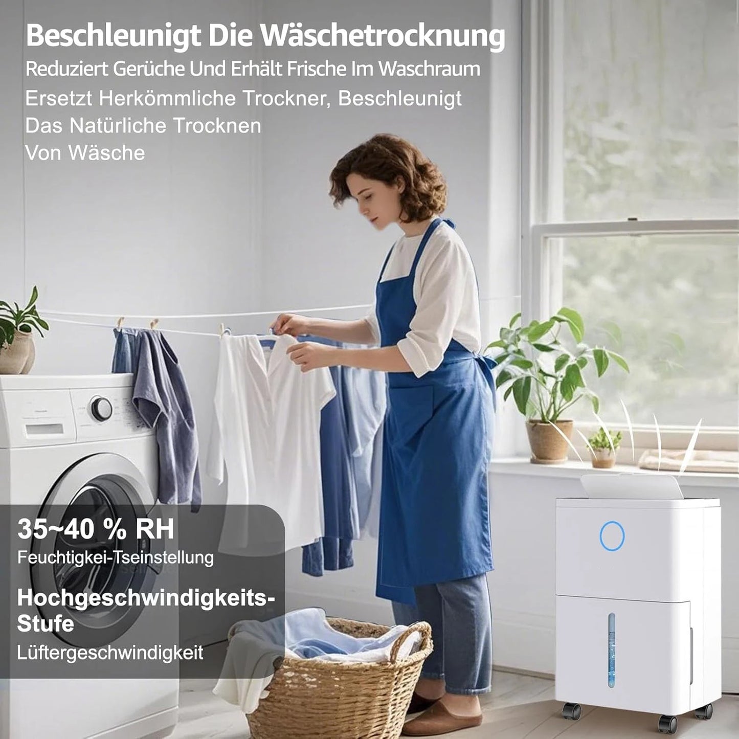 Dehumidifier with 4 operating modes, digital display, drain hose, for 150 m³ rooms, dehumidification 9l/day.