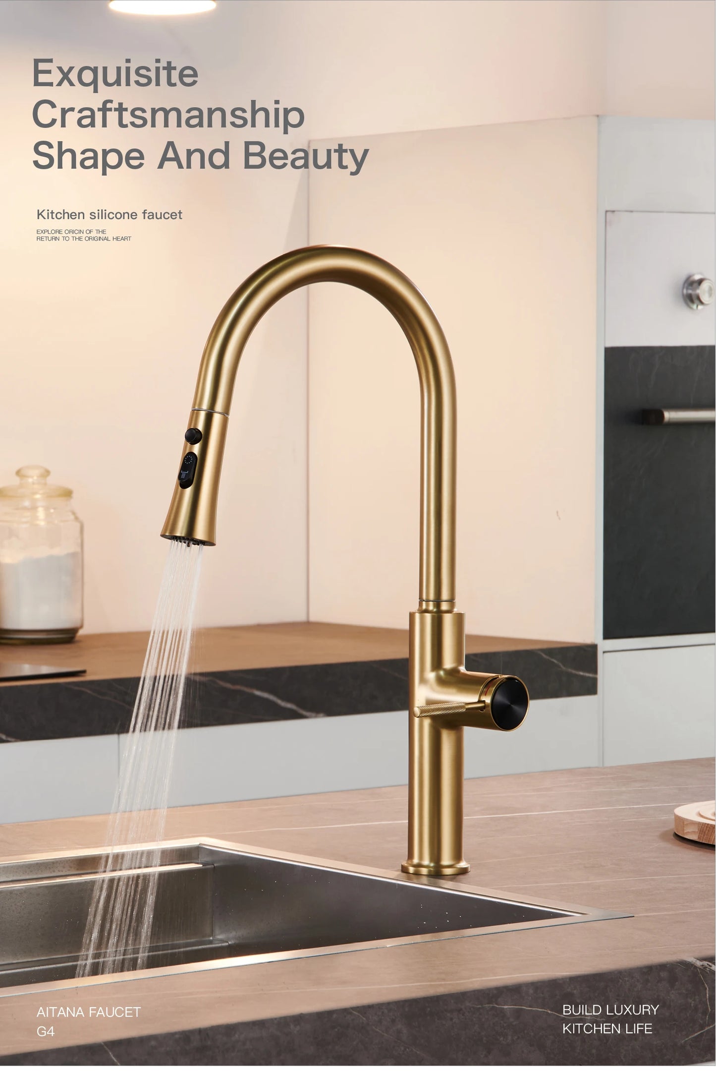 Luxury brushed gold kitchen faucet with pull-out design, 1-hole single handle cold and hot dual control dual function sink Tap