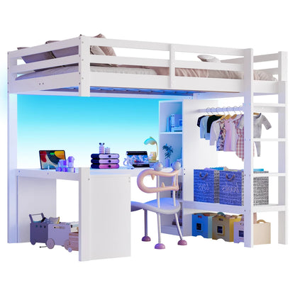 Modernes Kinder-Hochbett 140 x 200 mit Multifunktionsregalen, Unterbett-Schreibtisch, LED-Licht und USB, Kleiderschrank mit Stauraum, für Schlafzimmer