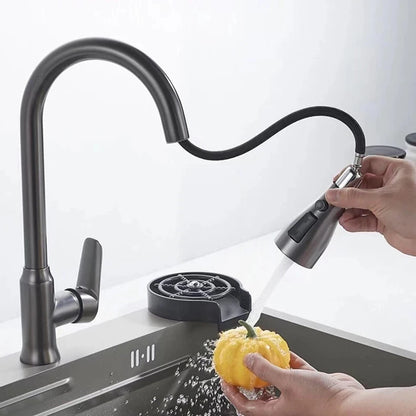 Kitchen faucet pull-out spray head 360 degree rotation hot and cold water pull-out black and silver single hole kitchen faucet