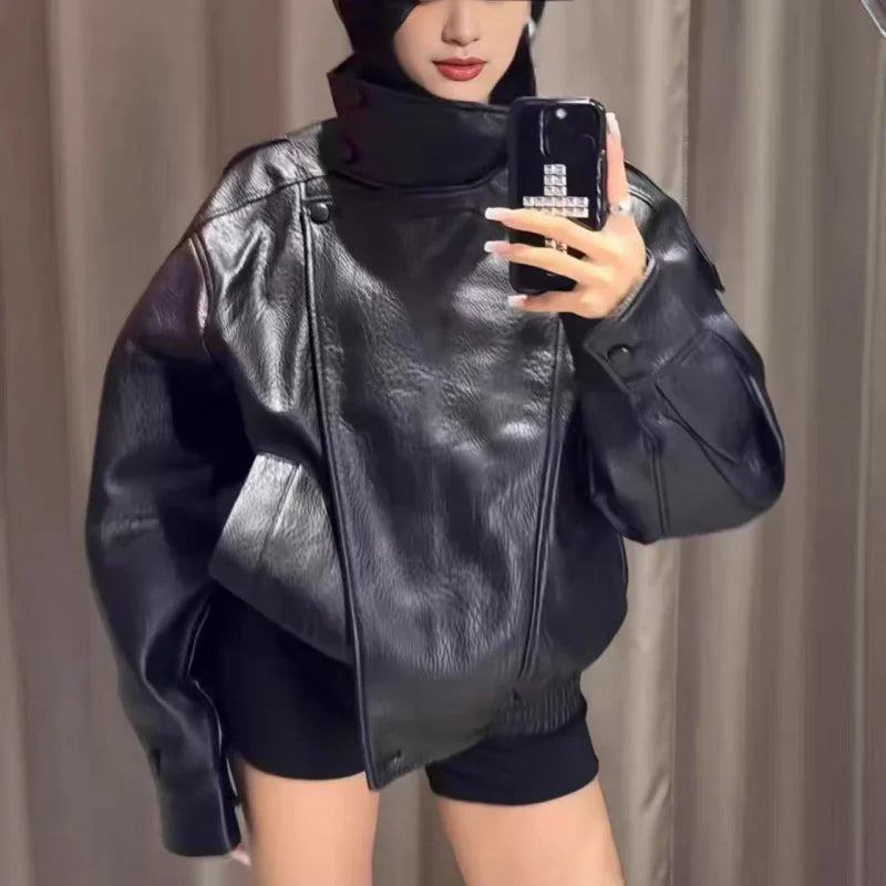 ETJ 2025 neue Damenmode, lockere Version der Stehkragen-Kunstlederjacke, Streetstyle, coole, hübsche Lederjacke