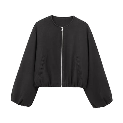 Damen Mode Herbst Winter Jacke Frauen Retro Rundhals Langarm Elastische Saum Zipper Weiche Bomber Jacke Frauen Mantel Weibliche