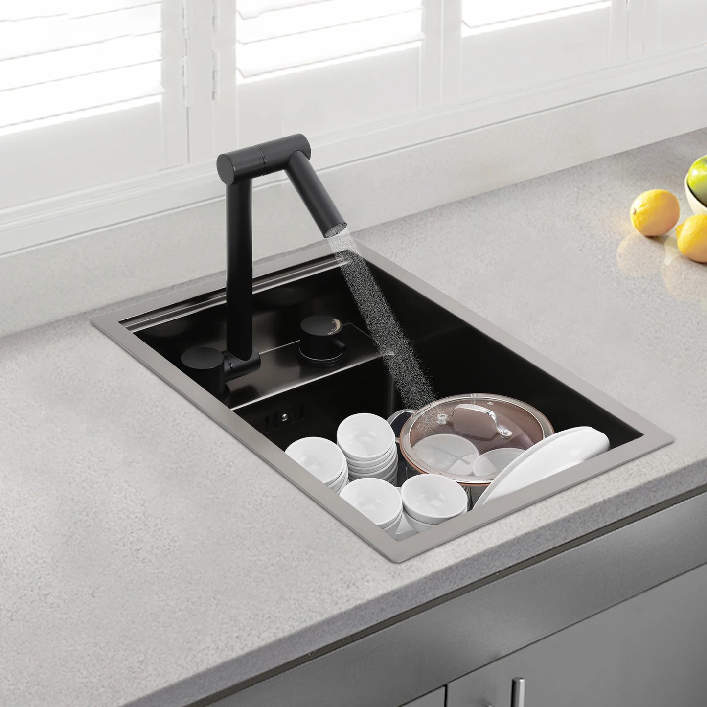 Bymaocar Edelstahlspüle 30 x 45 x 23 cm mit Wasserhahn, eingebettetes Küchenspüle, einschüssel, verdecktes Küchenspüle