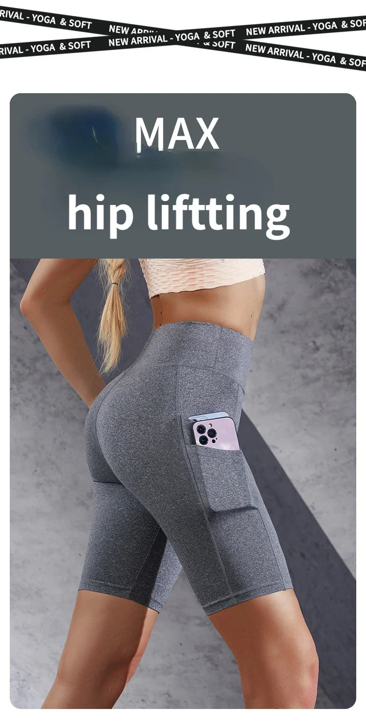 Double Pocket Sports Shorts Women Elastic Slim Shorts Gym Exercise Running High Waist Shorts Summer Yoga Casual Shorts for Women.