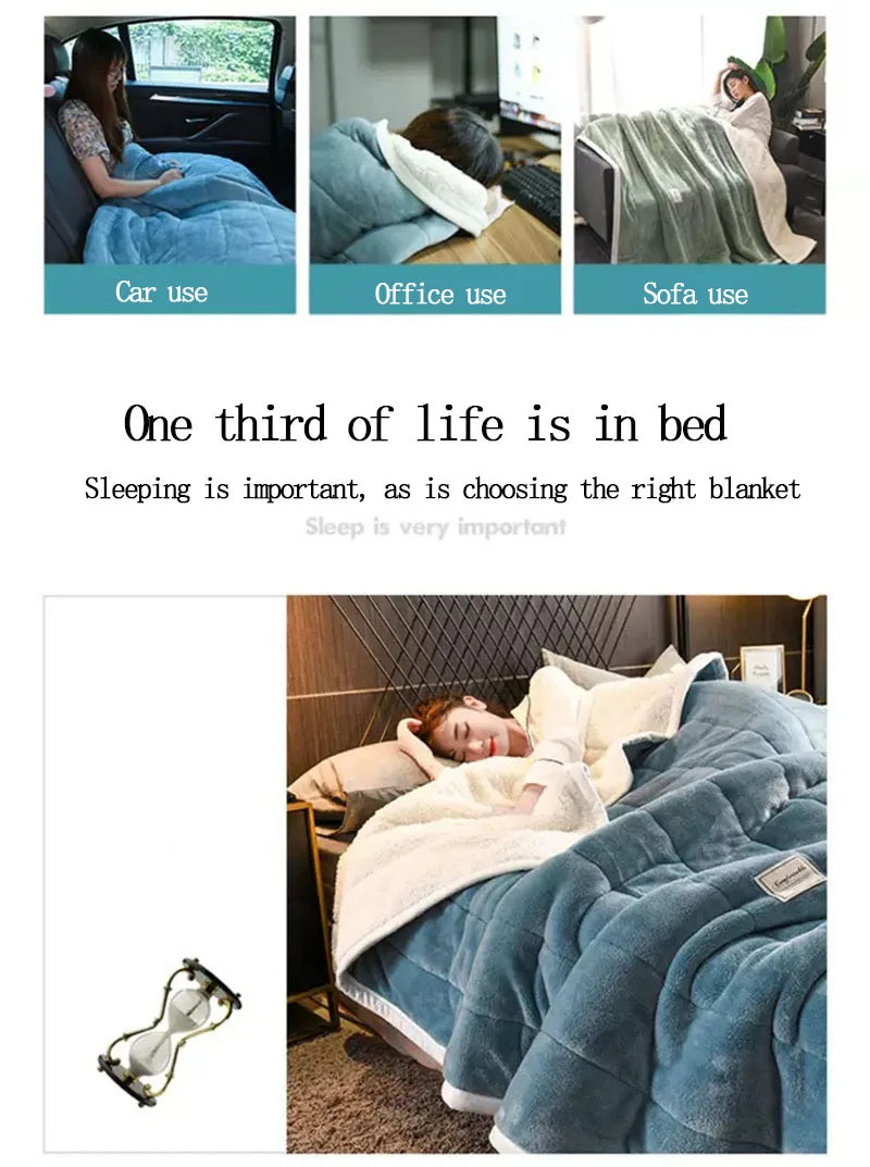 Coral Fleece Autumn Winter Warm Blankets for Bed 3 Layers Thicken Flannel Blanket Quilt Soft Comfortable Warmth Quilts Washable.