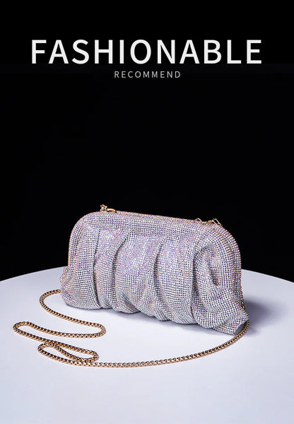 Premium Handmade Diamond-encrusted Clutch Bag Pleated Chain Rhinestone Cloud Clip Dinner Bag Single Shoulder Oblique Span Bolsos.
