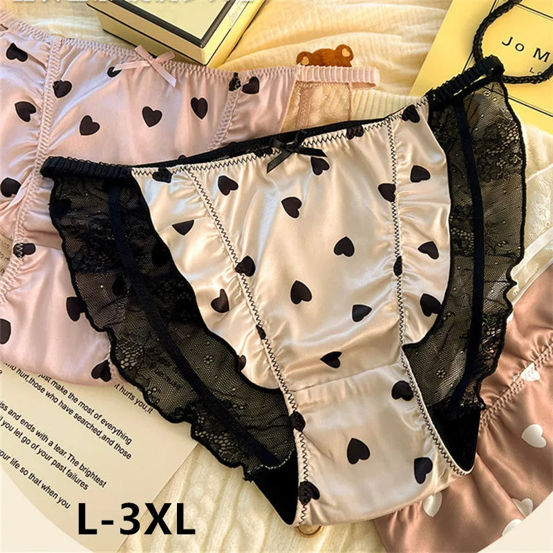 Sexy lingerie women Satin tangas lace ropa interior femenina sweet calzones para mujer plus size panties heart underwear women.