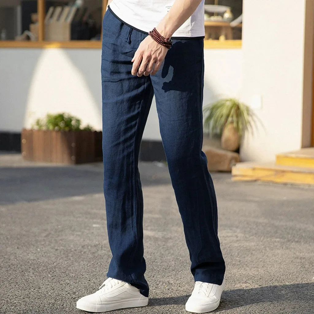 Men's Cotton Linen Pants Straight Leg Elastic Waist Lightweight Breathable Casual Simple Style Male Basic Long Pants.