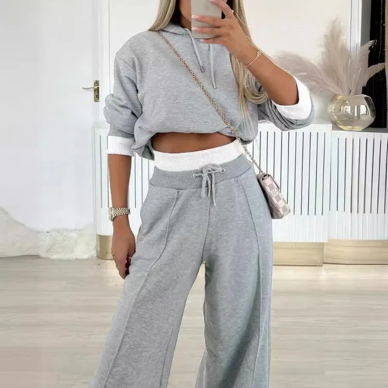 2024 Spring Autumn New Loose Sports Suit Women Long Sleeve Hooded Sweatshirt Drawstring High Waist Pocket Wide Leg Pants Suit.