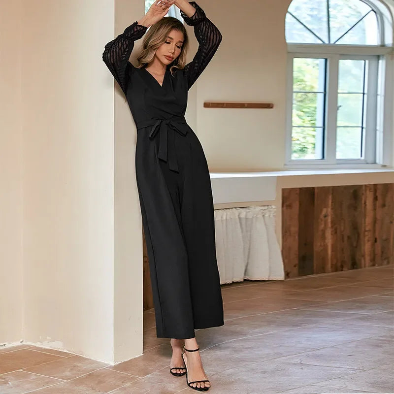 Black Jumpsuit for Women Lace-up V Neck Long Sleeve Romper Overalls Woman Hollow Out Spring Autumn Winter Classy Party Jumpsuits.