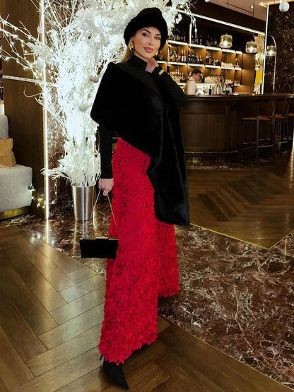 Bornladies Winter Red Fashion Long Petal Skirt Women's Design Inspired Evening Gown Elegant Lady Unique High Waisted Skirt