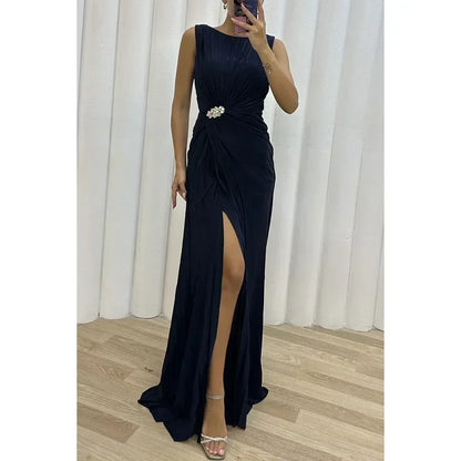 Frauen sexy Kleid neue ärmellose feste Party schlanke Empire Split weibliche elegante Rundhals Mode lange Kleidung