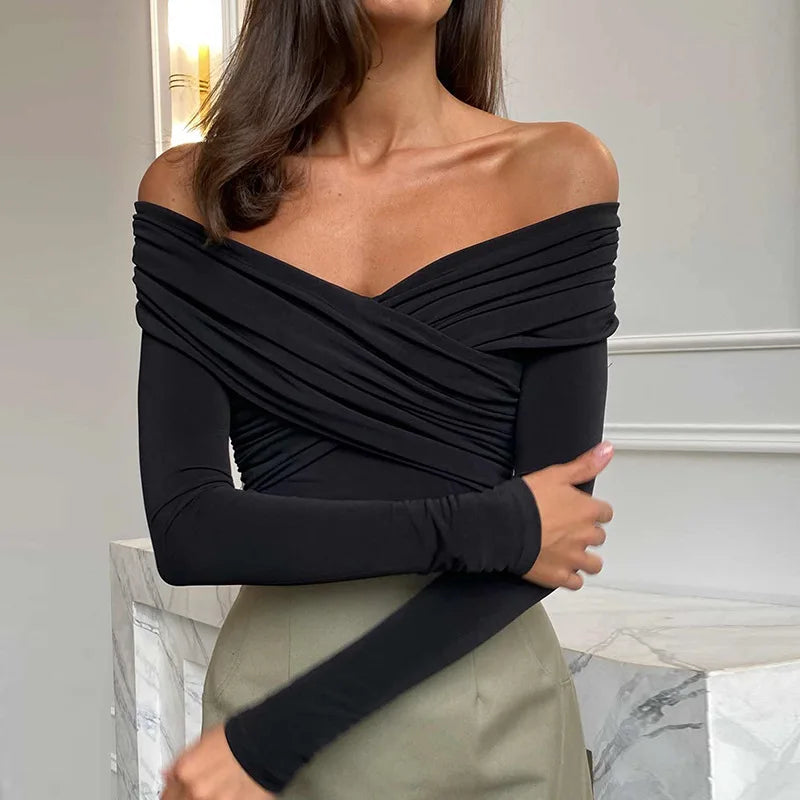 Sexy Off Shoulder Bodysuits Women Fashion Black Crossed Folds Skinny Rompers Long Sleeve Fashion Streetwear Autumn Bodysuits New.