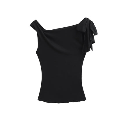 Shoulder Bared Short Sleeve T Shirt Women's Spicy Girl Design Slimming Top Summer New Style One Word Oblique Shoulder Tie Waist.