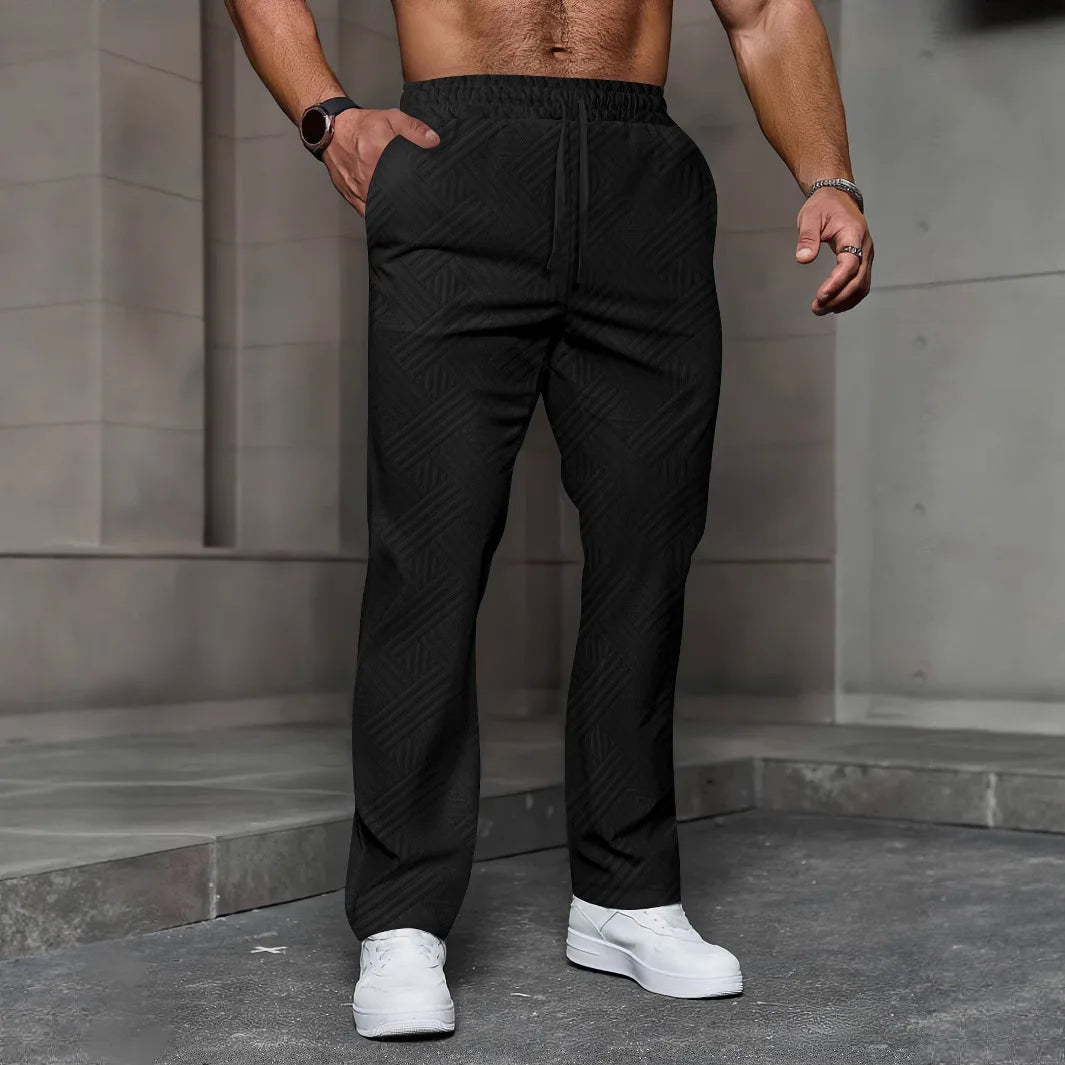 Men's Casual Jacquard Drawstring Trousers 2025 European And American Autumn Style Loose Fit Solid Color Sport Pants with Pockets.