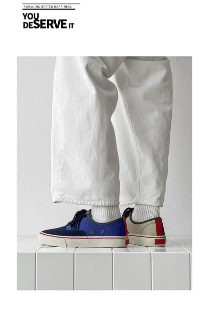 Boys' Casual Canvas Skateboard Shoes with Patchwork Low Cut Shoes Men's Minimalist Fashion Sneakers Trendy Lace Up Flat Bottom.